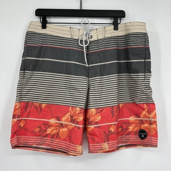 Billabong Men's Striped Tropical Floral Drawstring Tie Pocketed Swim Trunks - Picture 1 of 8